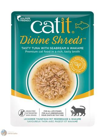 Divine Shreds, mokry przysmak, dla kota, tuńczyk dorada i glony Wakame , 75 g, saszetka
